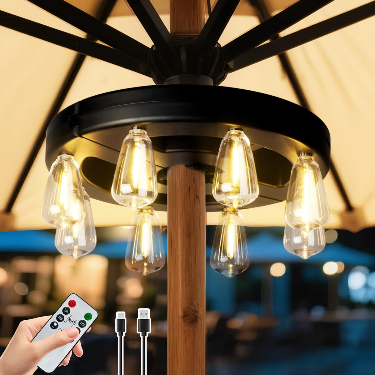 ALL FORTUNE patio umbrella lights glow with 8 warm white LEDs for cozy outdoor evenings.