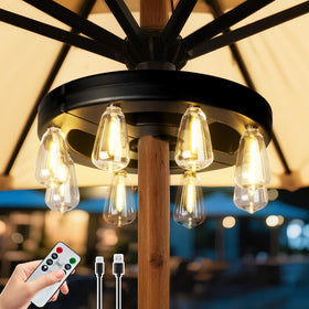 ALL FORTUNE patio umbrella lights glow with 8 warm white LEDs for cozy outdoor evenings.