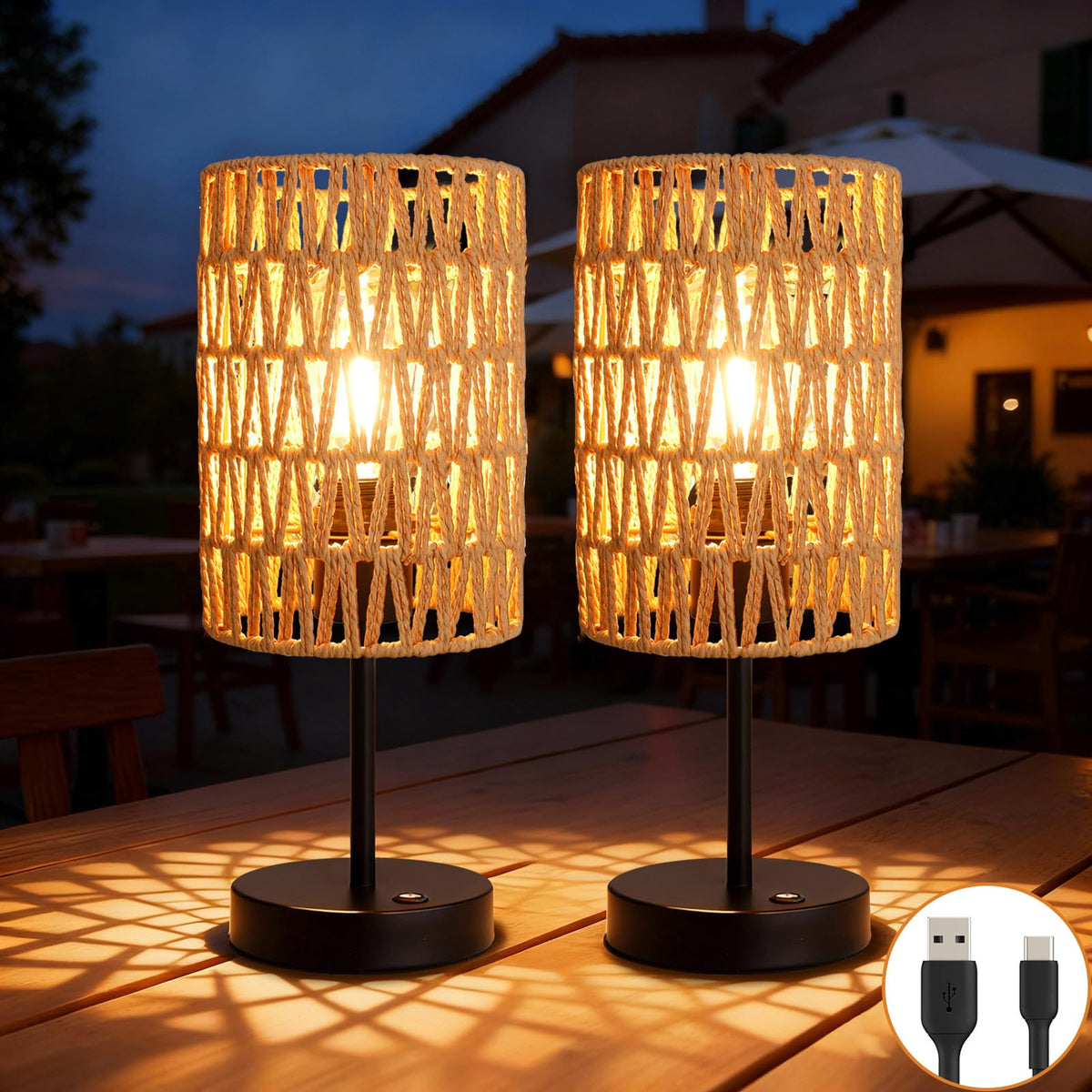 ALL FORTUNE rechargeable table lamp beige rattan ambient lighting for living rooms