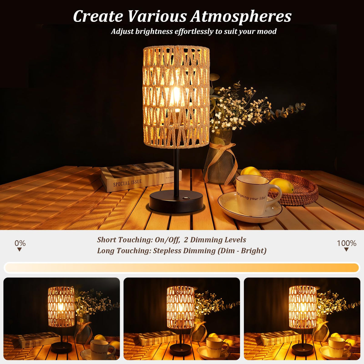 ALL FORTUNE bedside lamp beige rattan adds a soft bedroom glow