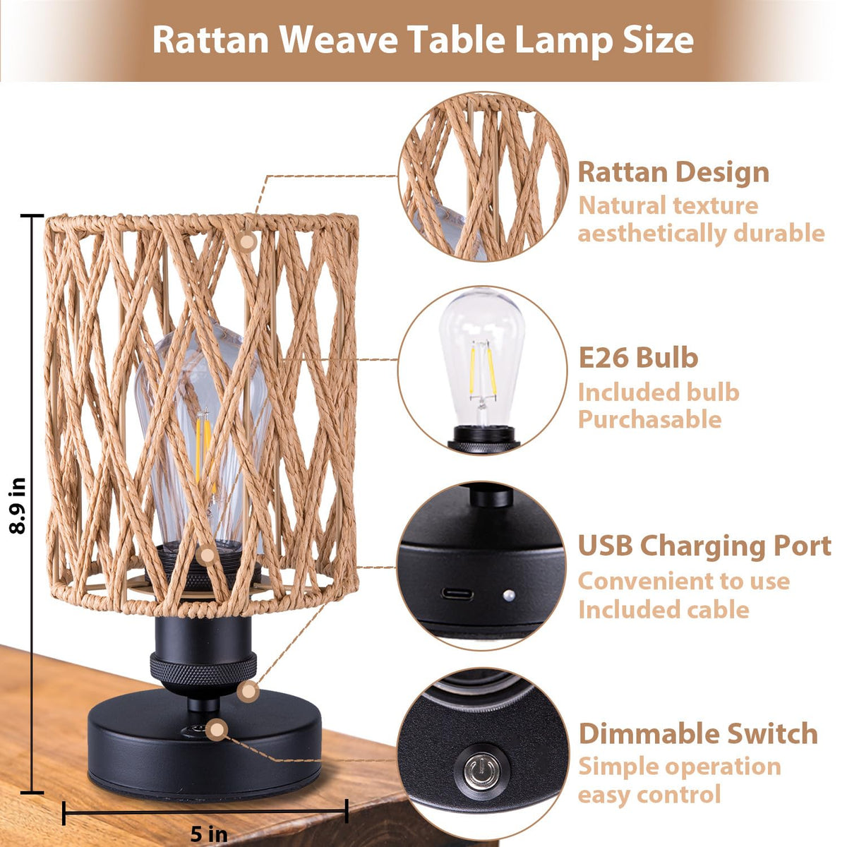 ALL FORTUNE rechargeable table lamp close-up in beige showing dimmable control