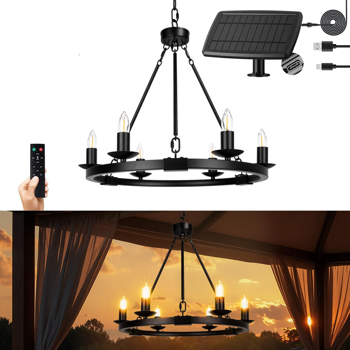 ALL FORTUNE solar outdoor chandelier 6-light shining warmly for patios and porches