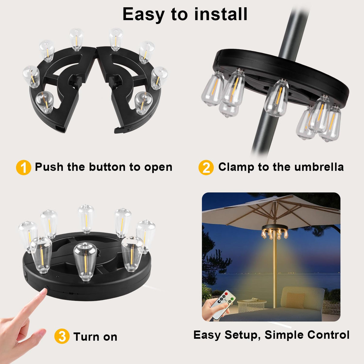 ALL FORTUNE umbrella light easily attaches to standard umbrellas for quick setup.