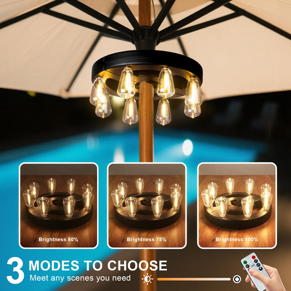 ALL FORTUNE umbrella light with rechargeable battery provides cordless, extended outdoor use.