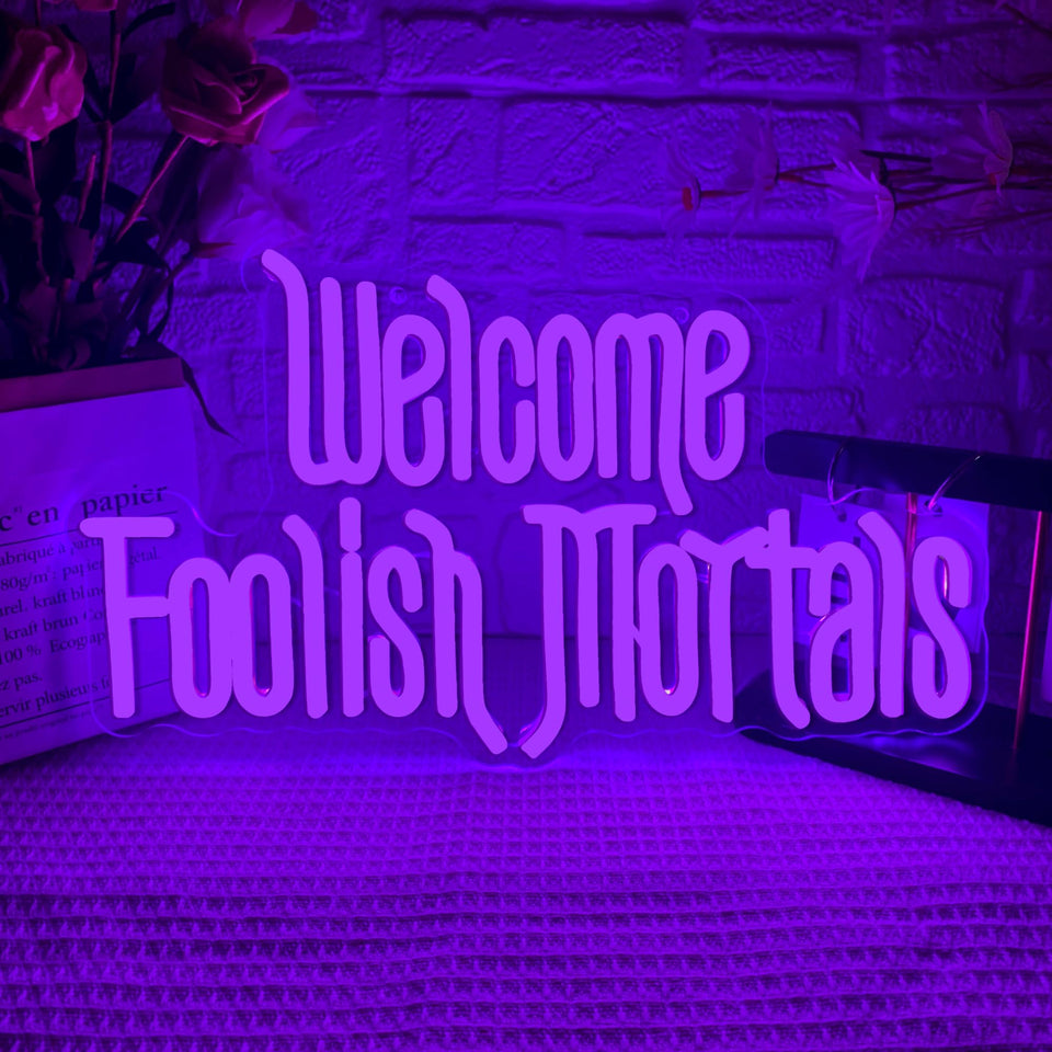 Allball Welcome Foolish Mortals neon sign with coffin silhouette for spooky Halloween decor
