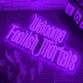 Allball neon sign glowing purple to enhance haunted-house vibe