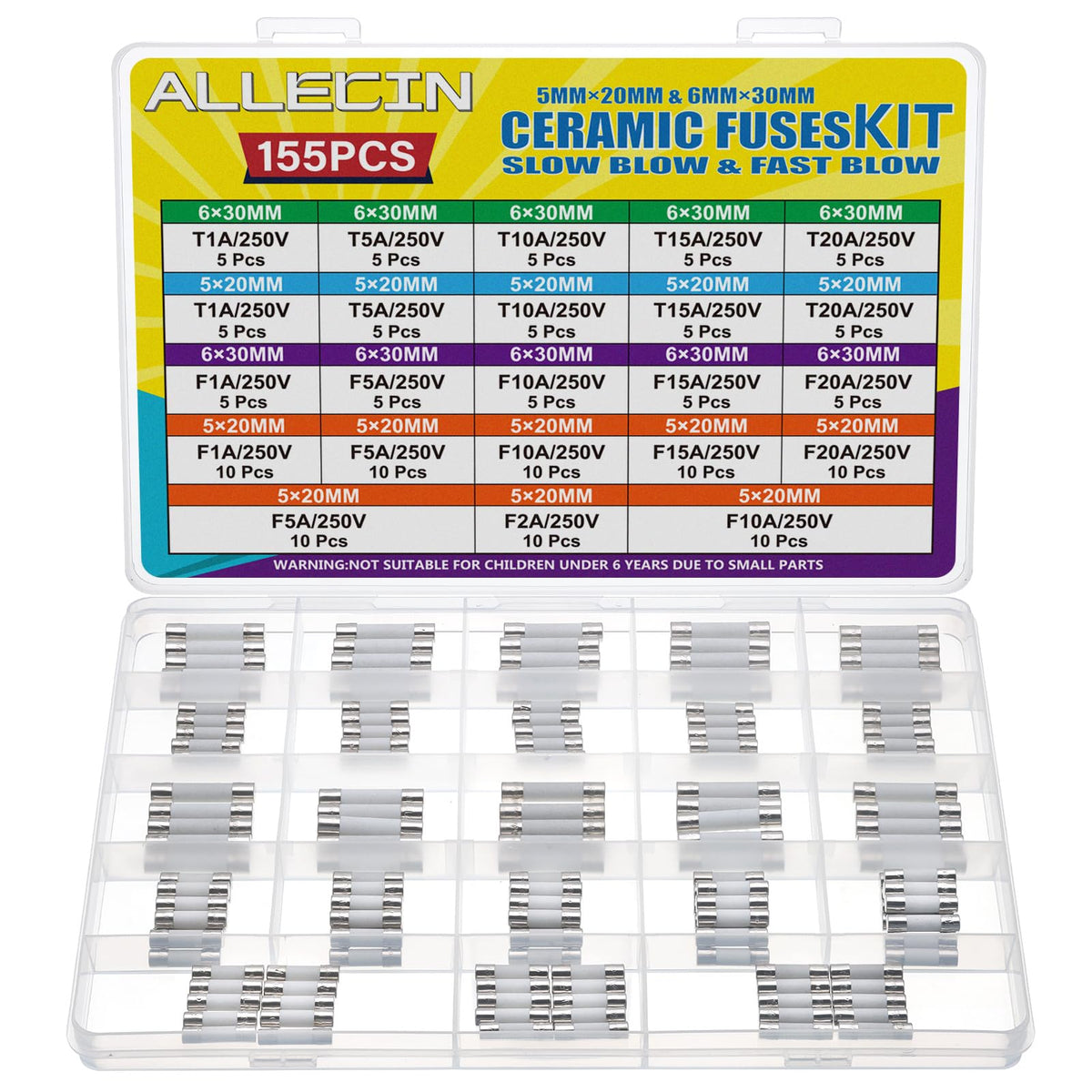 ALLECIN ceramic fuse kit 5x20mm open packaging showing complete value set for quick protection.