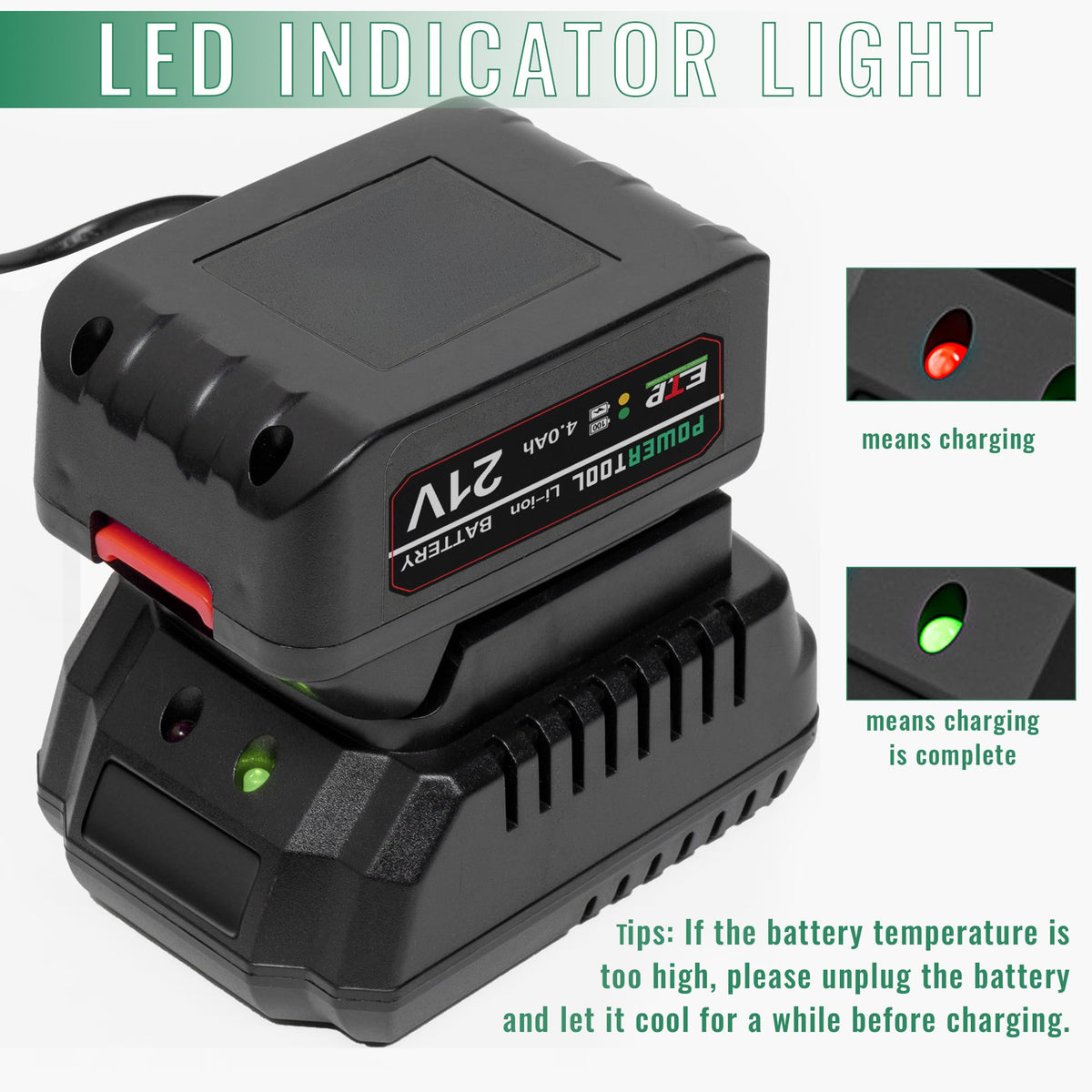 ALLEN ADMONDS 21V charger with protection features ensuring safer charging sessions.