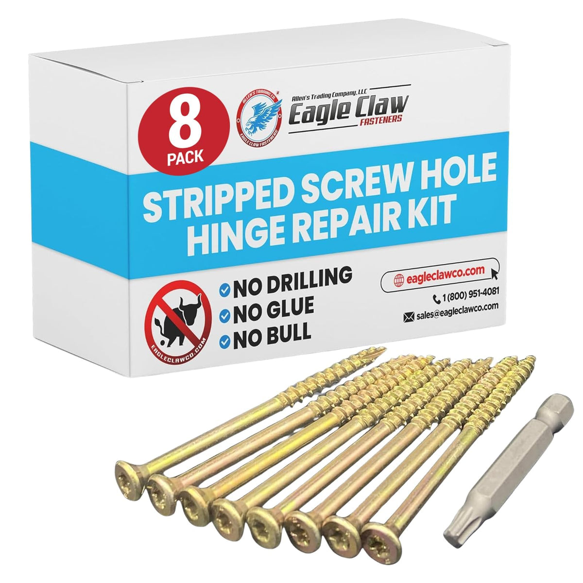 Allen's Trading Co. Eagle Claw Fasteners hinge repair kit packaging showing all-in-one DIY solution
