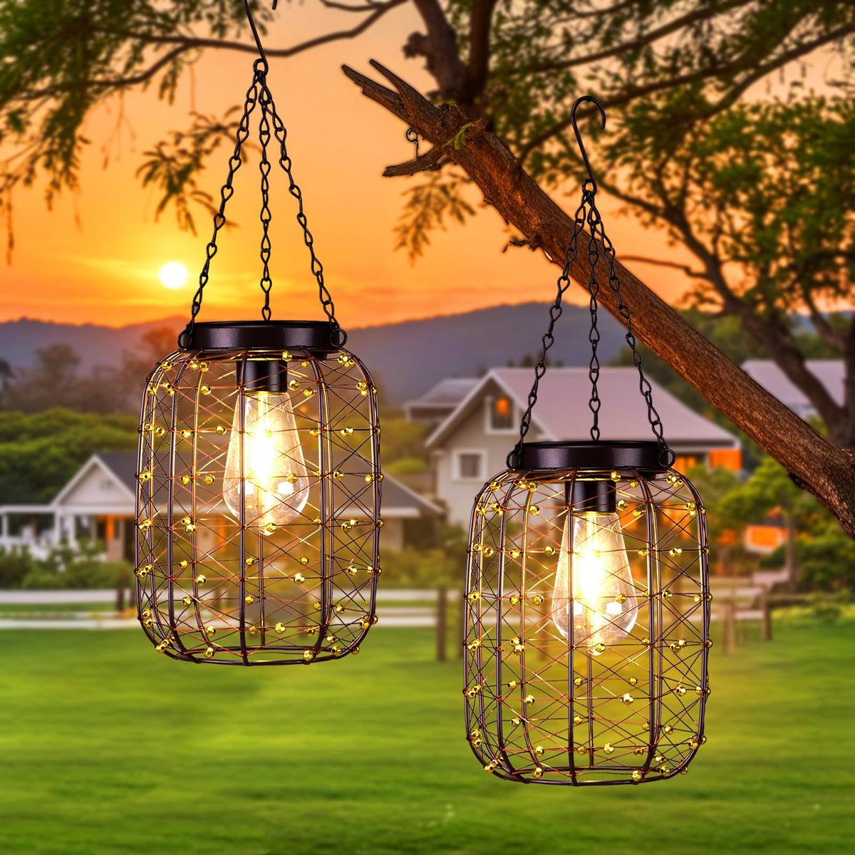 All Fortune hanging solar lantern with copper wire casts elegant glow on patios and pathways