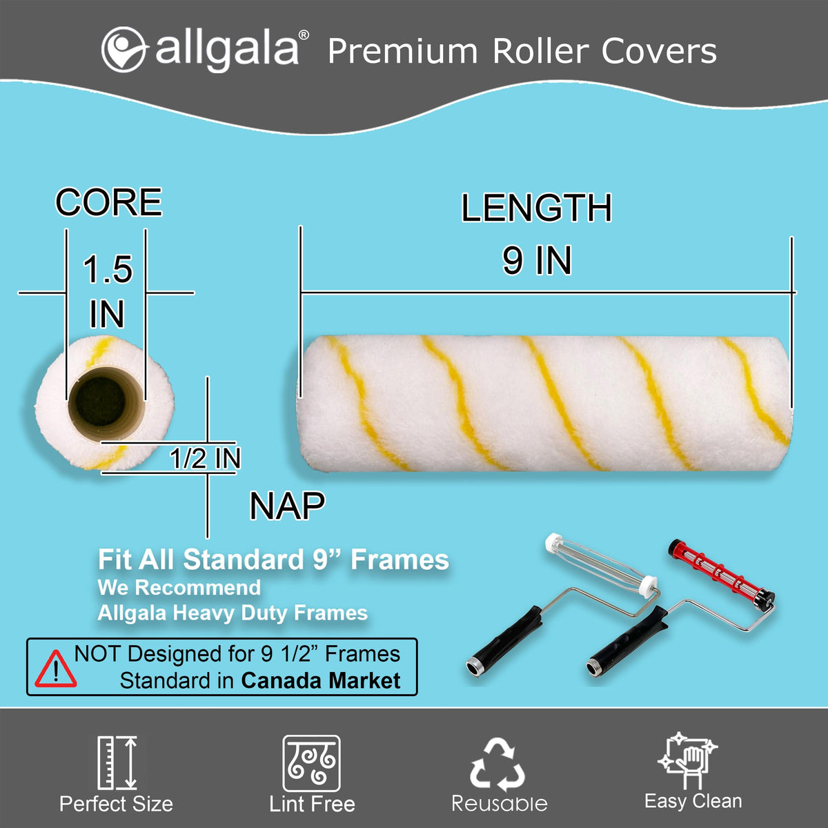 Allgala roller cores 38mm fit standard frames for easy setup.