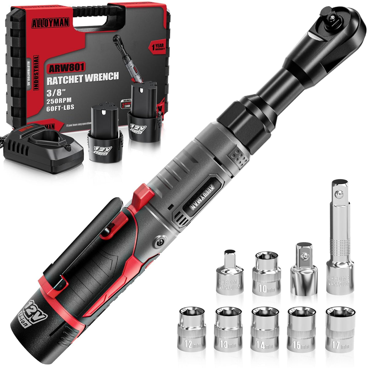Alloyman 12V cordless extended ratchet wrench head in use for tight spaces