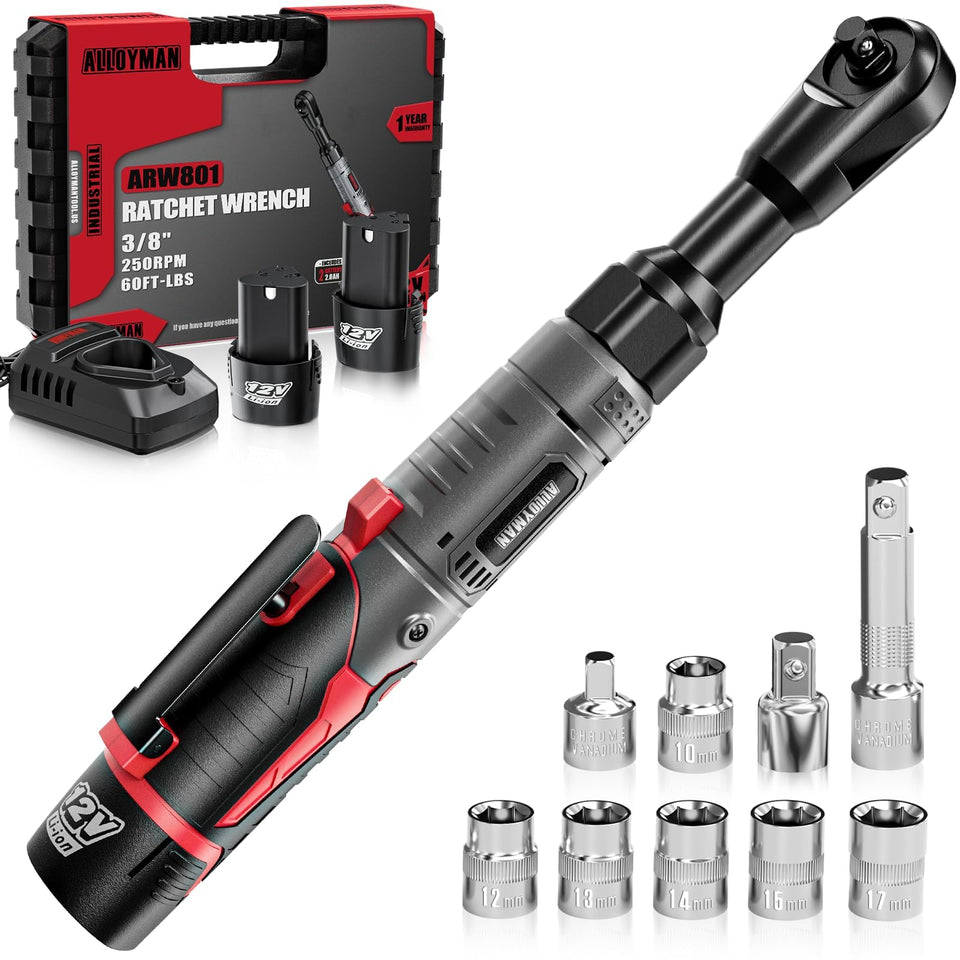 Alloyman 12V cordless extended ratchet wrench head in use for tight spaces