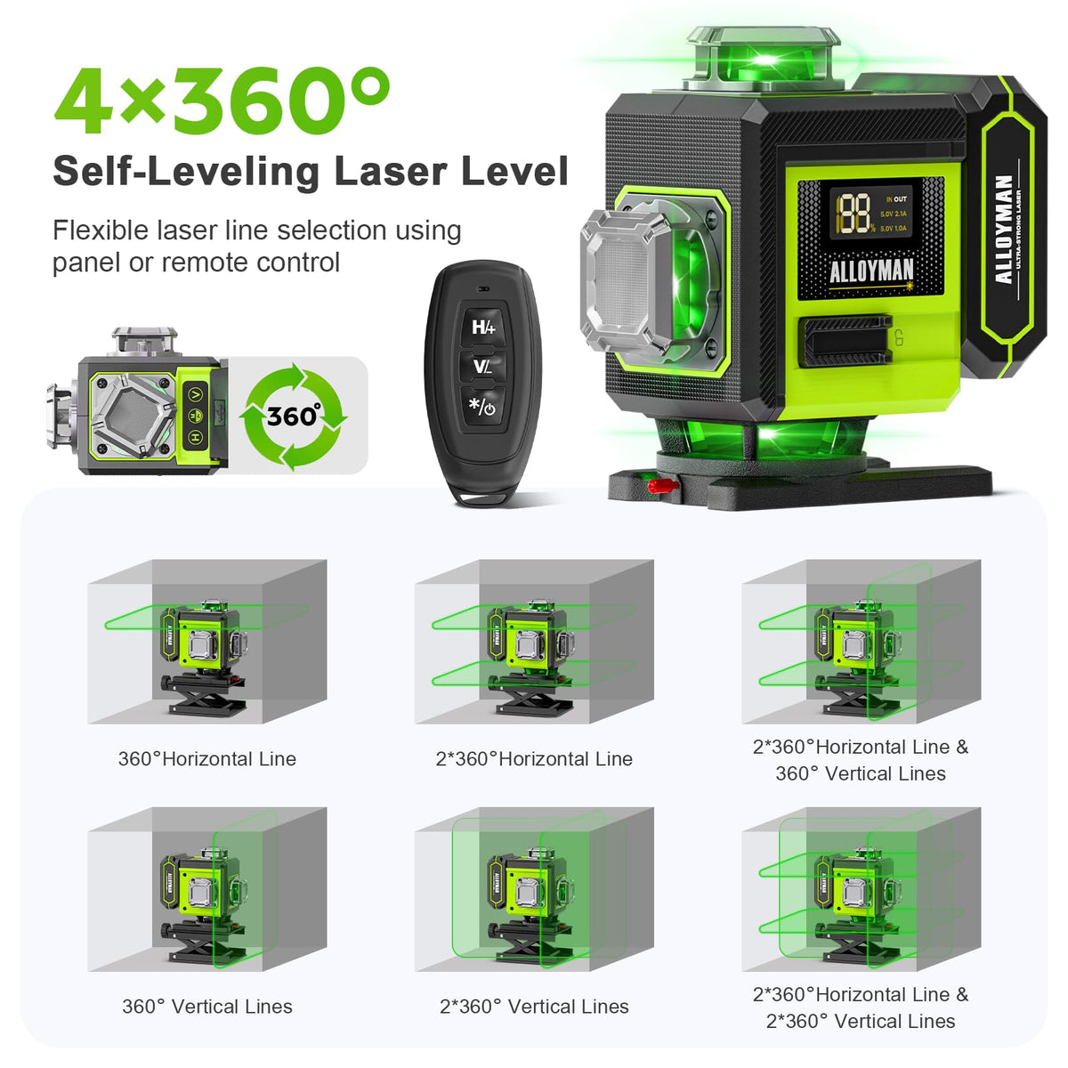 Alloyman laser level in automatic/manual switch mode for versatile setups