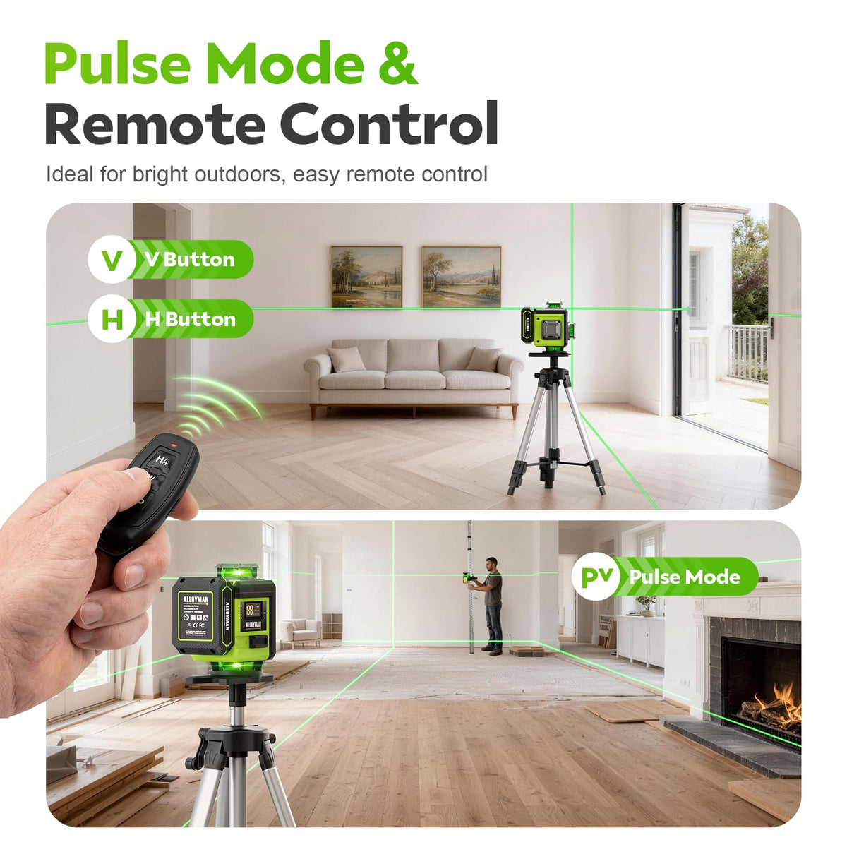 Bright green laser from Alloyman level improves visibility in rooms