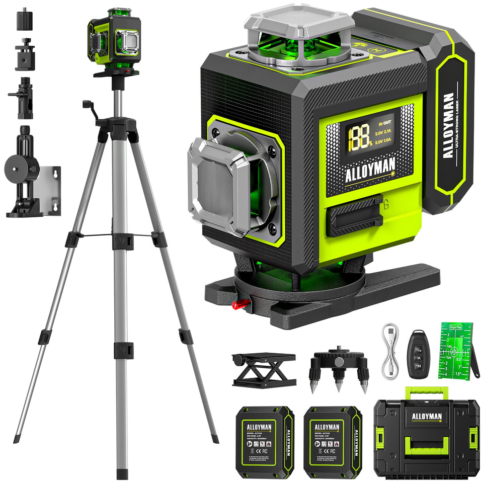 Alloyman laser level on an adjustable-height tripod for precise indoor alignment