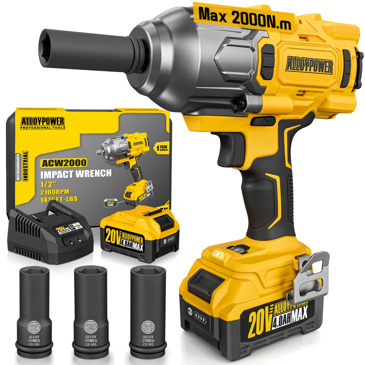 ALLOYPOWER cordless brushless impact wrench shows 1475 ft-lbs torque for tough fasteners