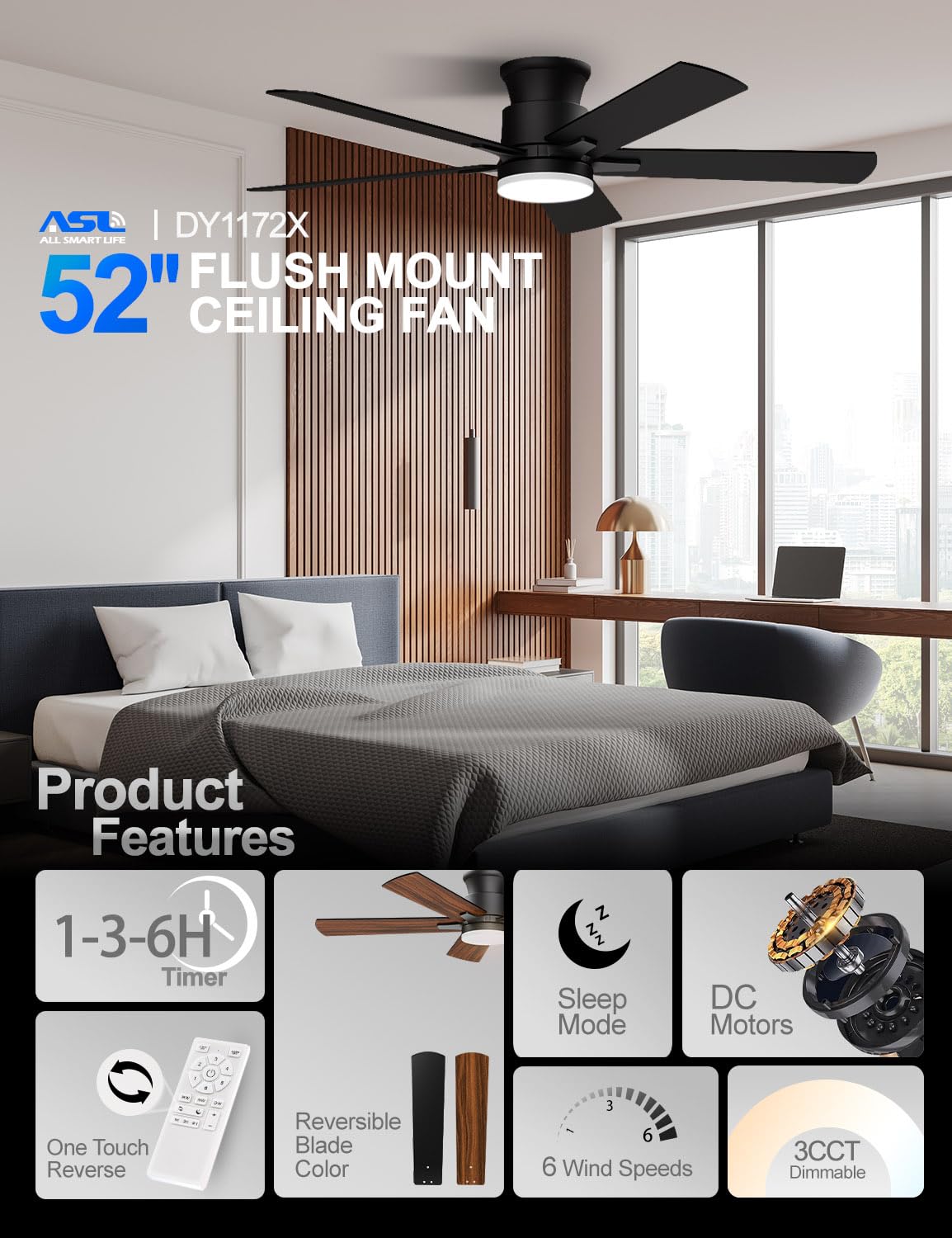 Allsmartlife flush-mount hugger fan front view for compact spaces.