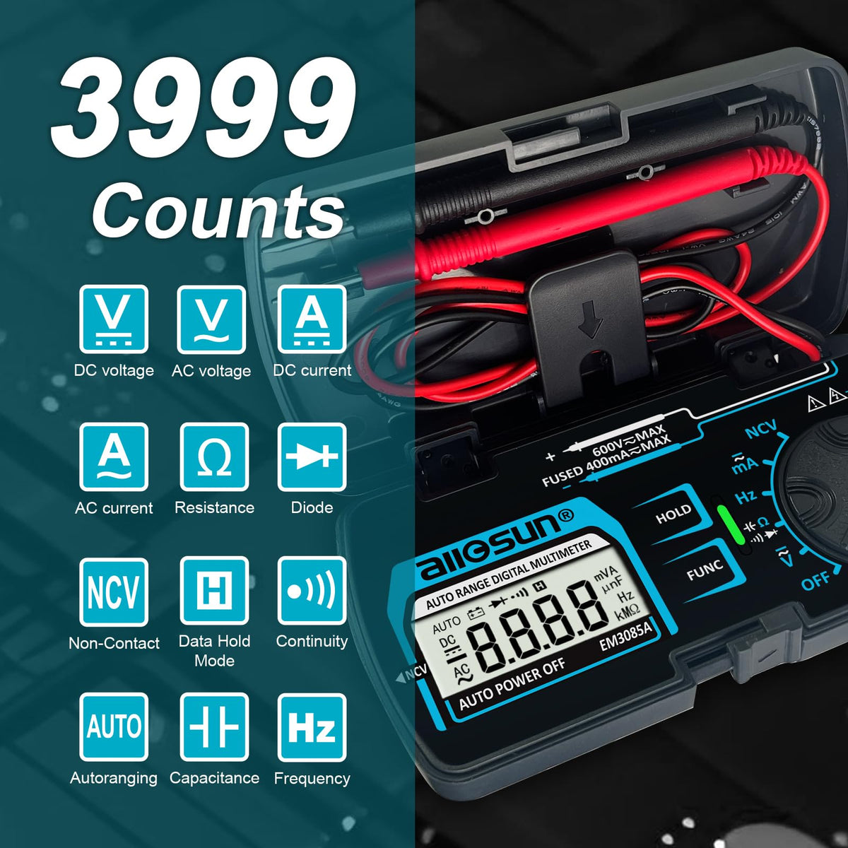 Allsun handheld tester measuring AC current in a circuit