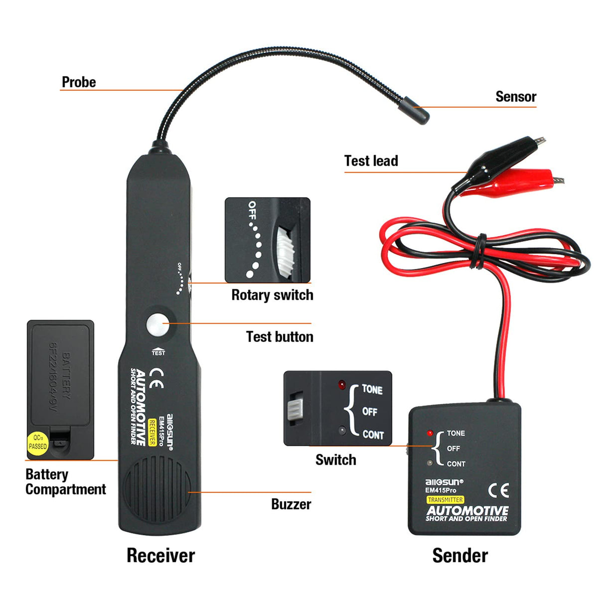 allsun EM415Pro flexible seven-inch probe reaches tight spaces for precise diagnostics.