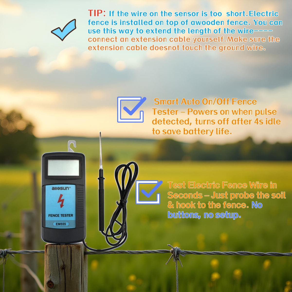 allsun fence voltage indicator displays live readings across 300V to 9.9kV