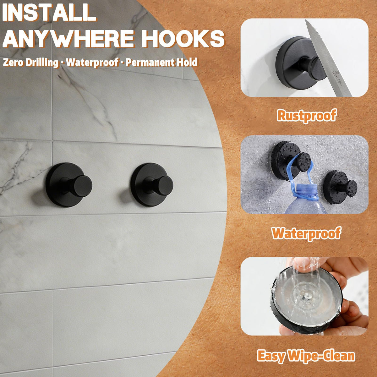 AllVANA suction hook on bathroom tile demonstrates strong hold.