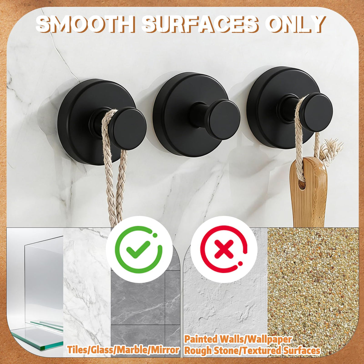 AllVANA suction hook on tile wall supports lightweight storage.