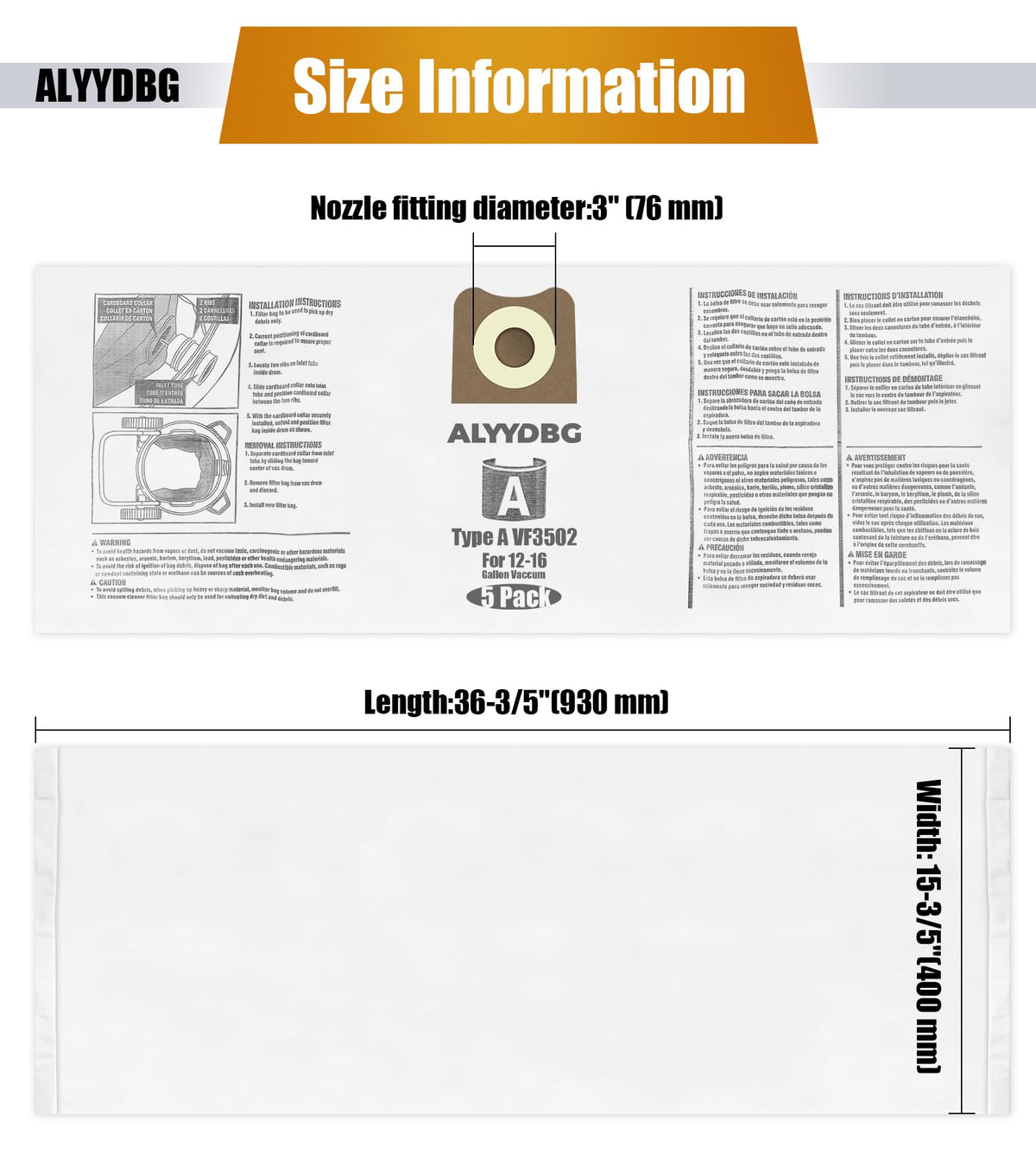 ALYYDBG Dimensions: 930 mm by 400 mm with 3 inch nozzle fitting.
