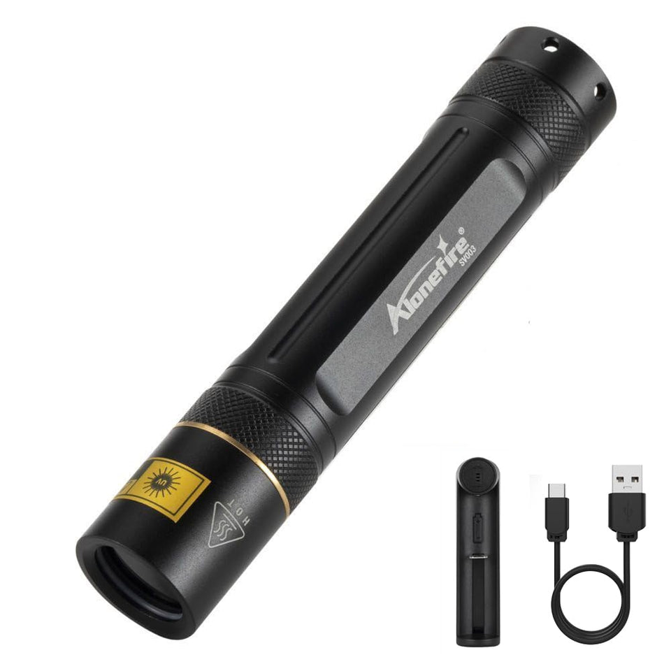 ALONEFIRE SV003 365nm UV flashlight shows fluorescence for pee detection and more.