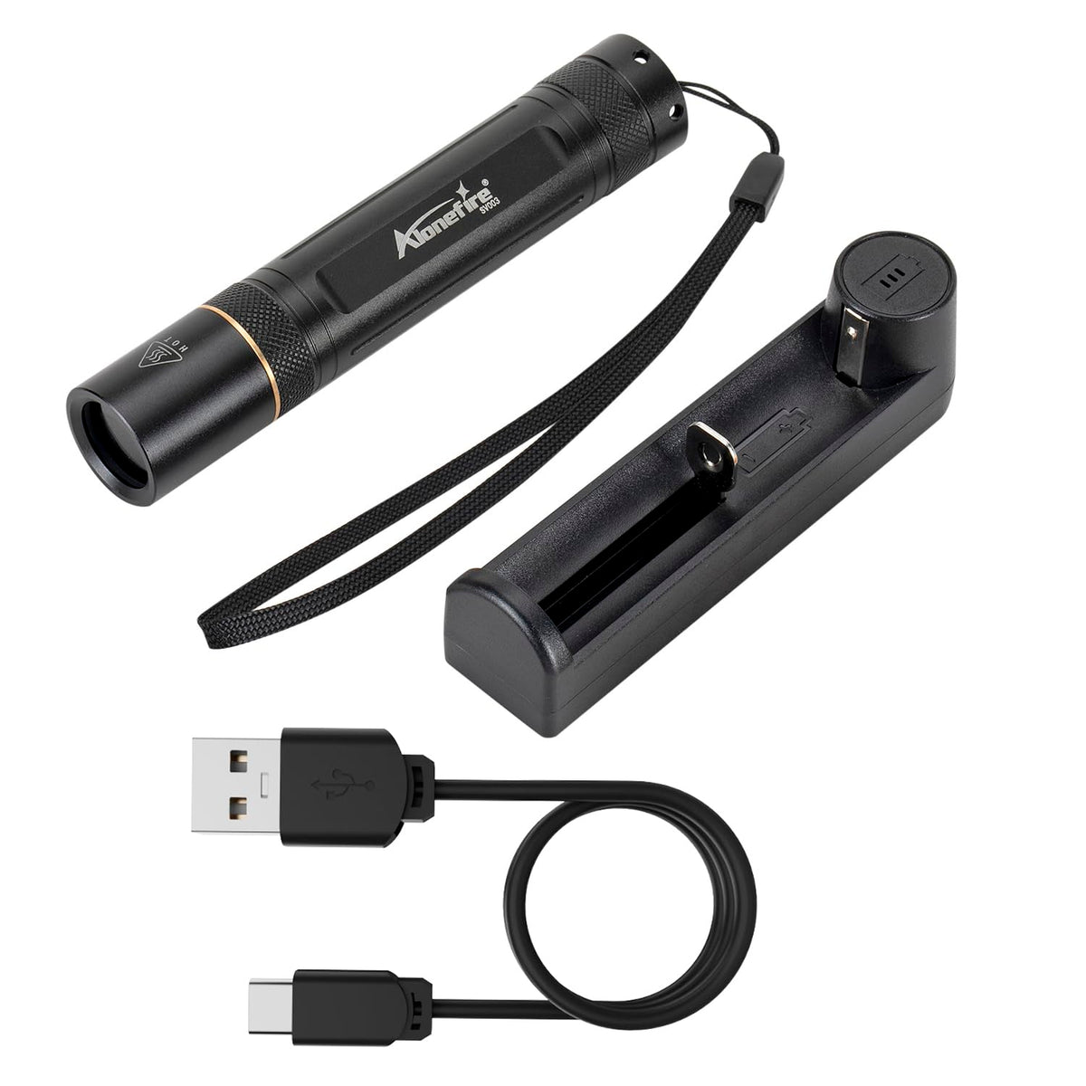 ALONEFIRE SV003 charger with battery indicator enables monitored recharging.