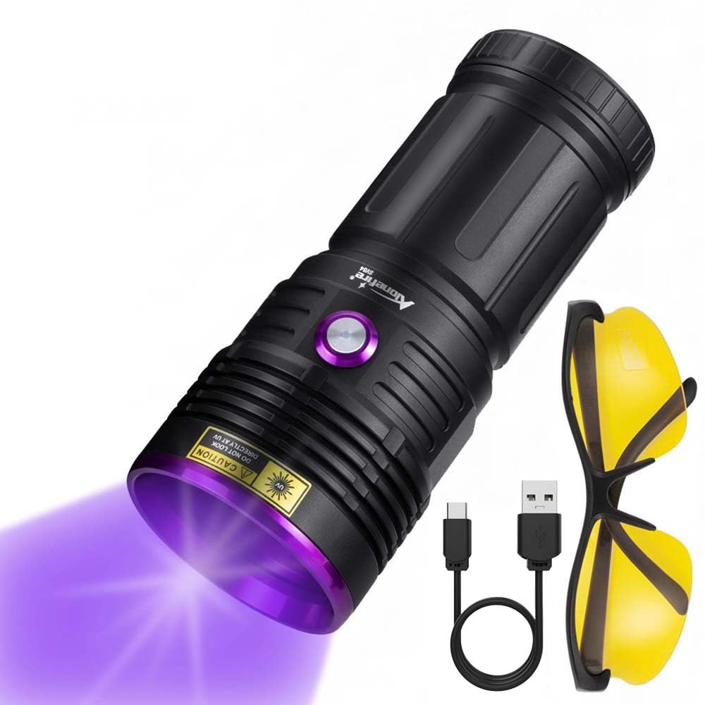 ALONEFIRE SV84 UV flashlight with 365nm beam for fluorescence inspection.