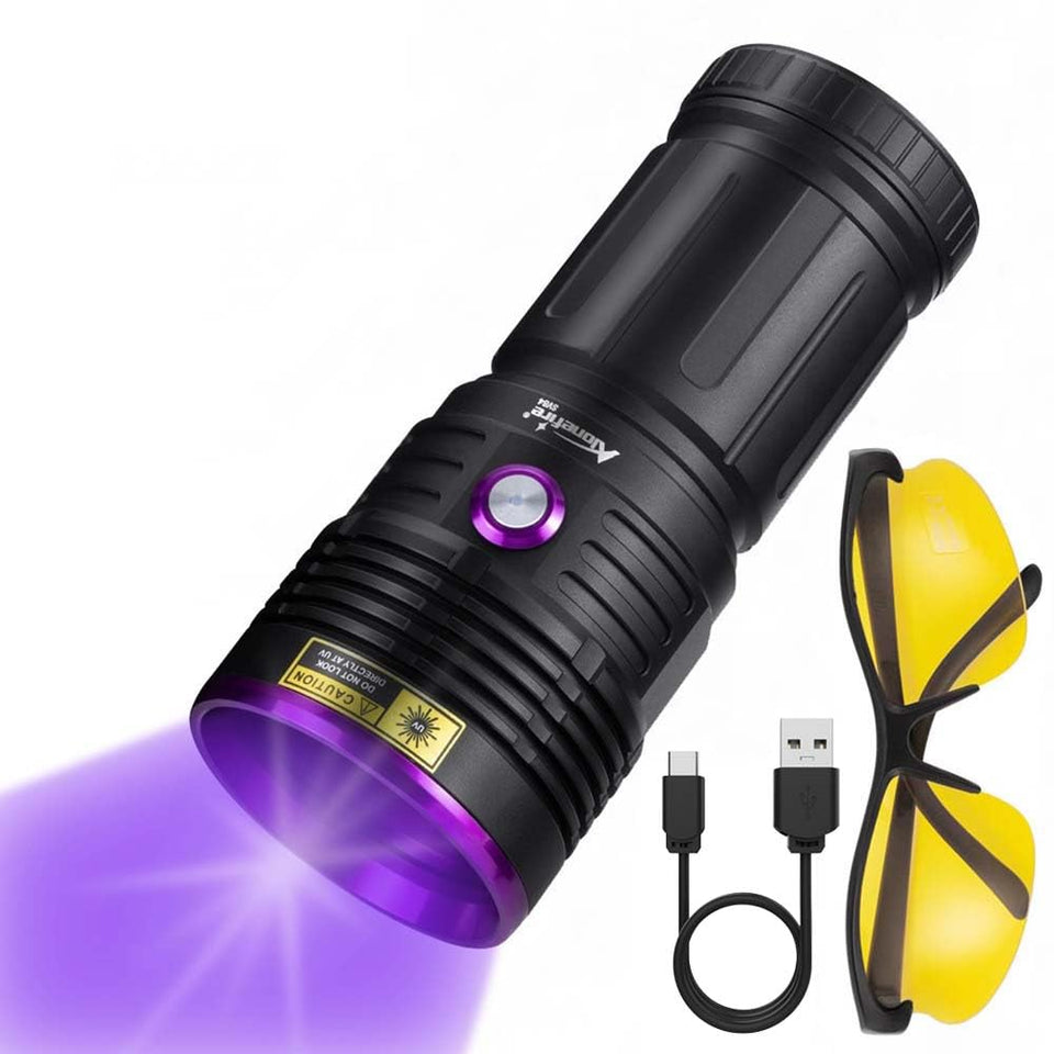 ALONEFIRE SV84 UV flashlight with 365nm beam for fluorescence inspection.