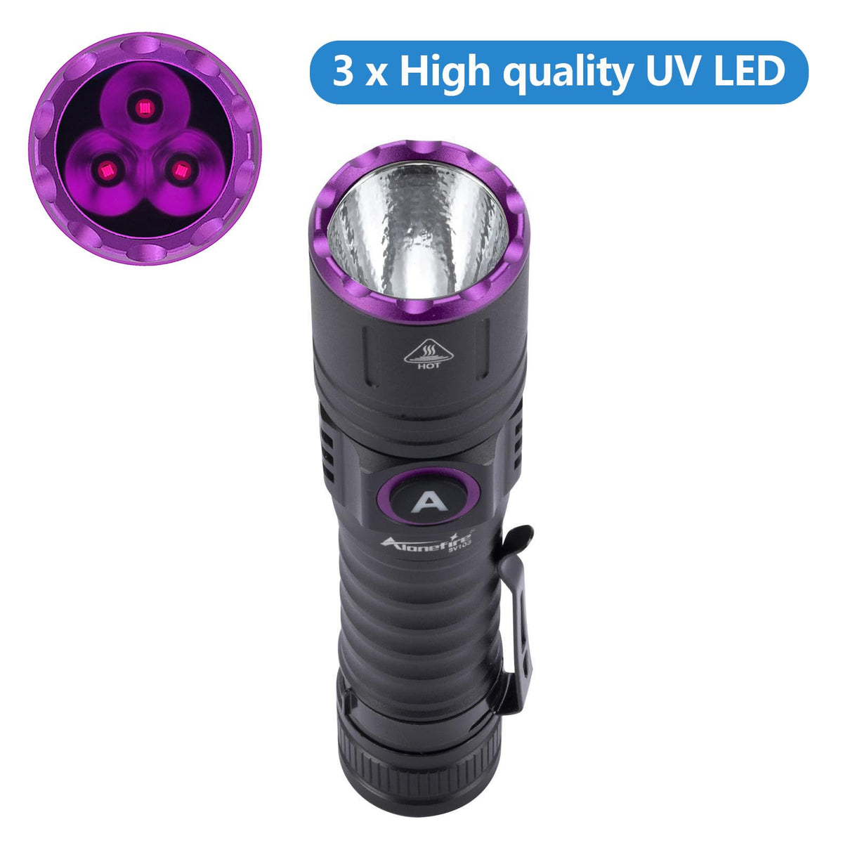 ALONEFIRE UV-C rechargeable light for quick pet urine detection on carpets.