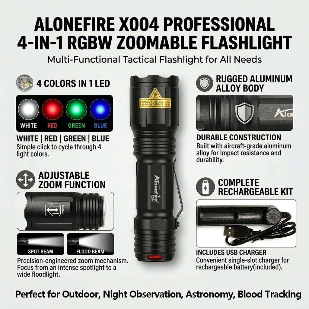 ALONEFIRE X004 red light preserves night vision for stealth tasks.