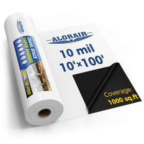 ALORAIR crawl space barrier 10mil roll close-up showing panda film surface for moisture control.