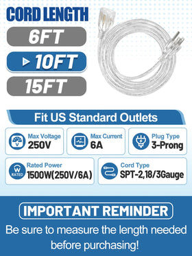 Alphatool 10ft clear extension cord reaches outlets across the room.