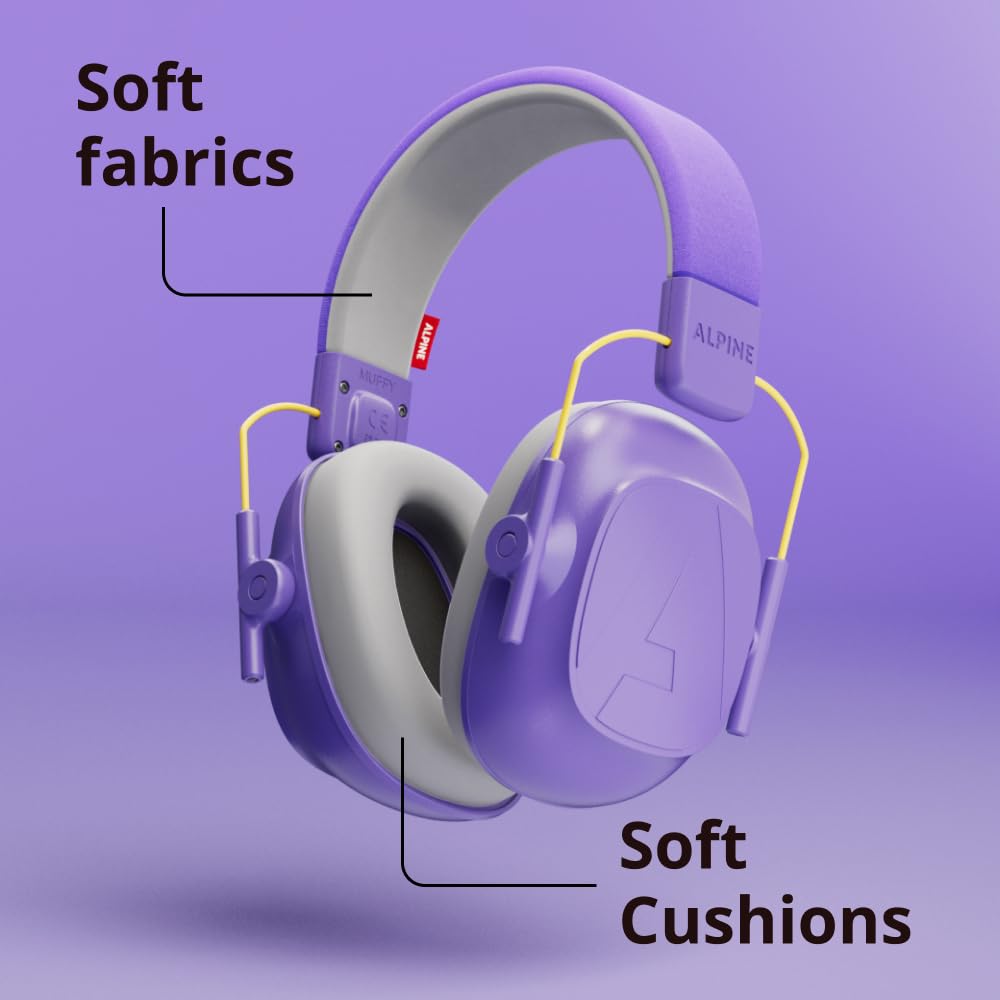 Kid-size fit Alpine Muffy Kids purple headphones for concentration
