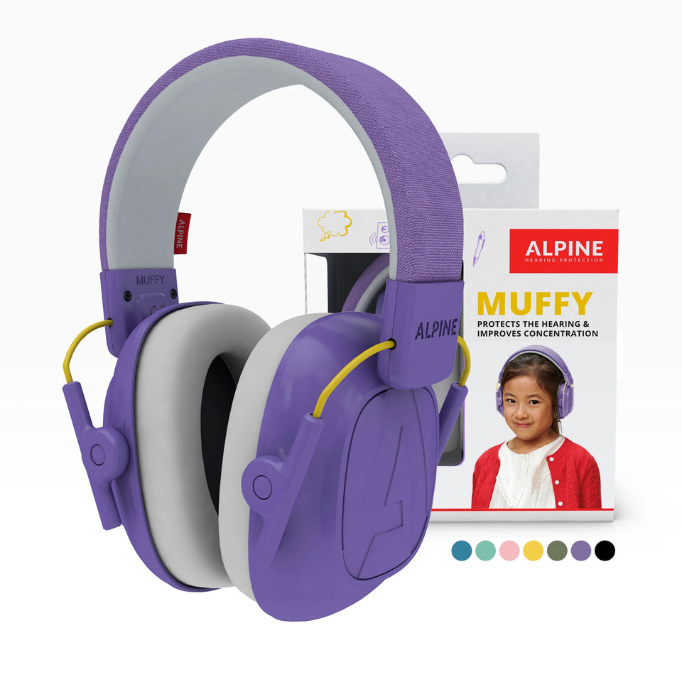 Alpine Muffy Kids purple headphones worn by a child for noise reduction