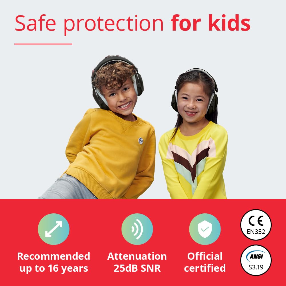 Alpine Muffy Kids worn on a child, showing comfortable hearing protection in use.