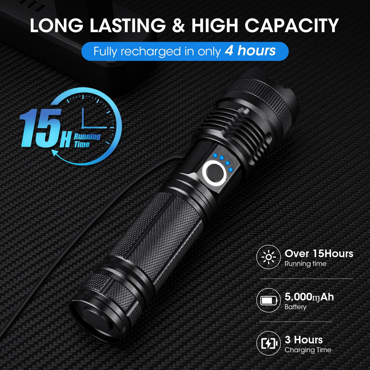 ALSTU 3-Pack Rechargeable Flashlight beam illuminates wide area for camping