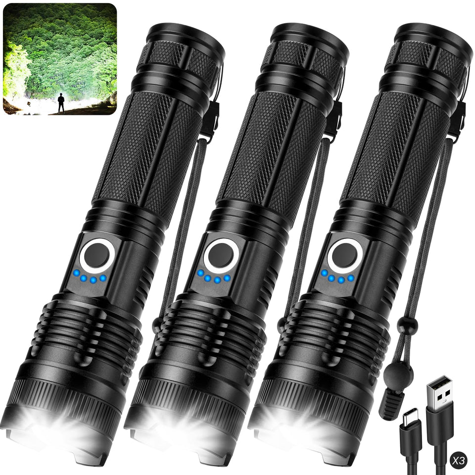 ALSTU 3-Pack Rechargeable Flashlight front view with bright beam for outdoor use