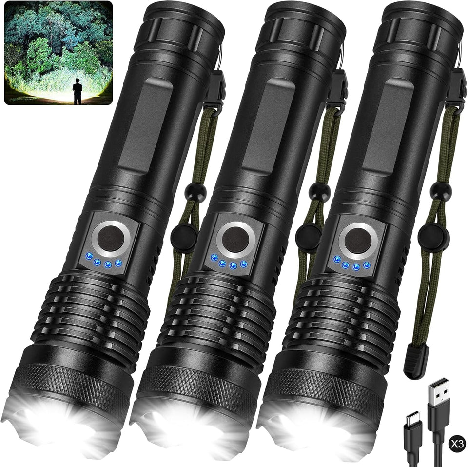 ALSTU 3-pack LED flashlights during unboxing; ready for camping, emergencies, and daily tasks.