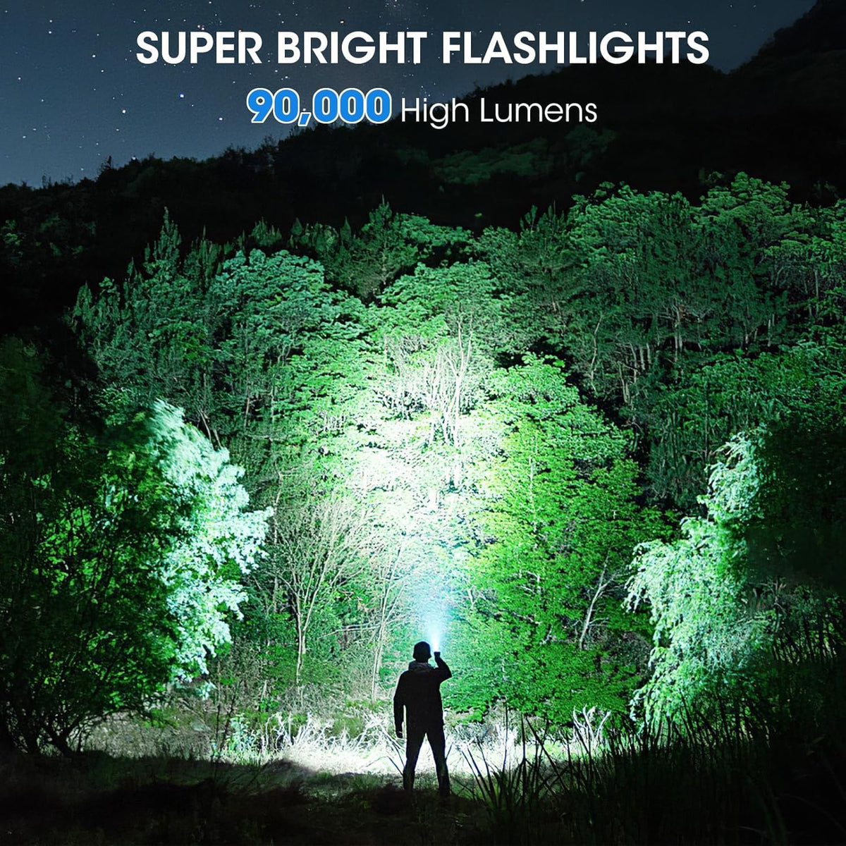 ALSTU flashlight front view shows bright beam for night visibility