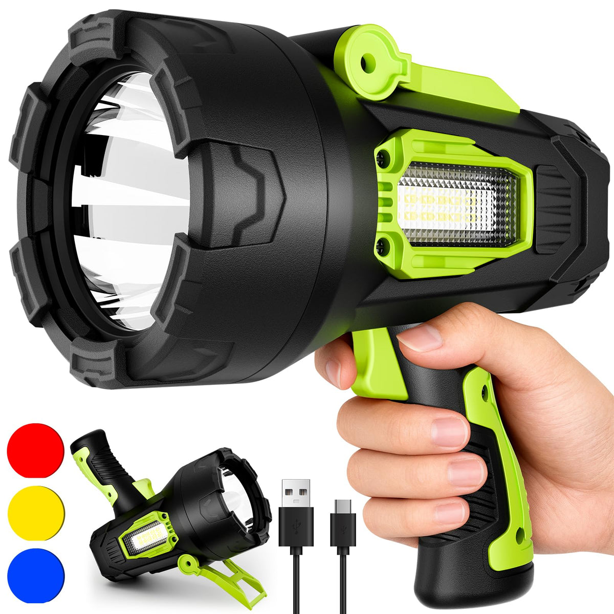 ALSTU Rechargeable Spotlight front view shows ultra-bright beam for long-range visibility.