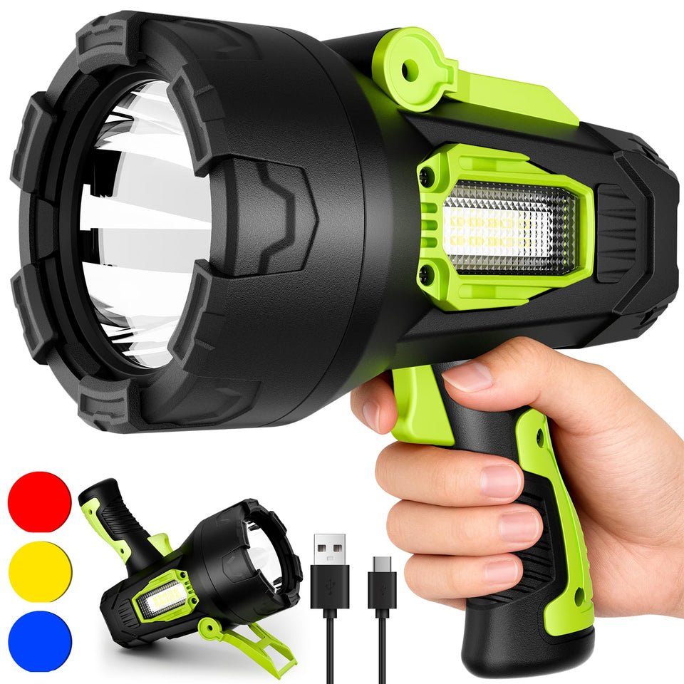 ALSTU Rechargeable Spotlight front view shows ultra-bright beam for long-range visibility.