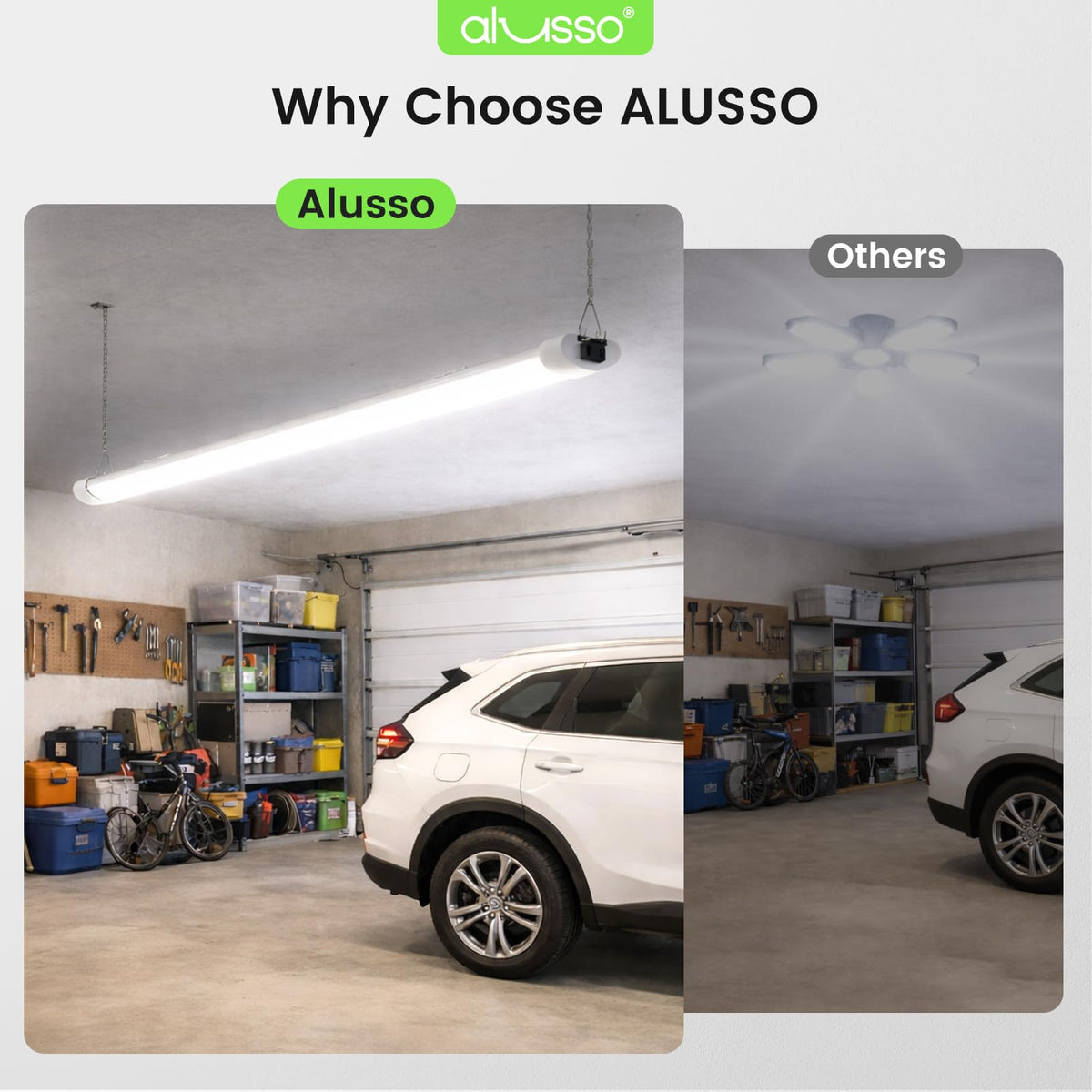 ALUSSO LED shop light 4ft supports ceiling mounting with optional adapters.
