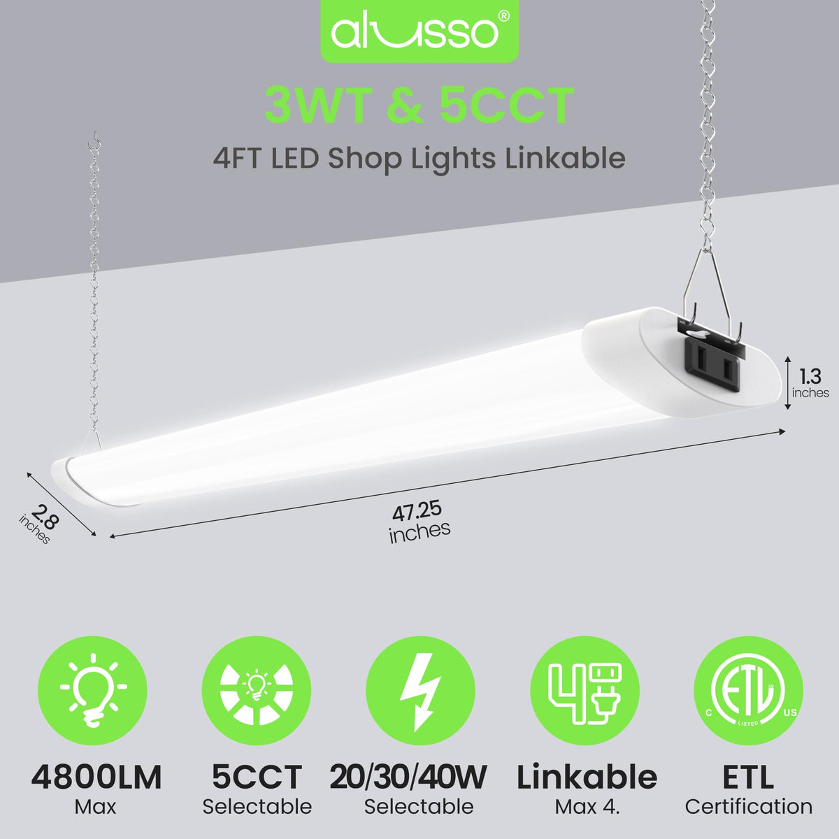 ALUSSO LED shop light 4ft shows wide color temperature range for task-specific lighting.