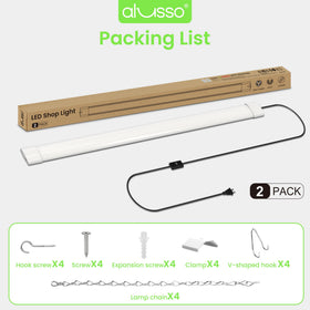 ALUSSO LED shop light 4ft supports hanging chains for flexible mounting.