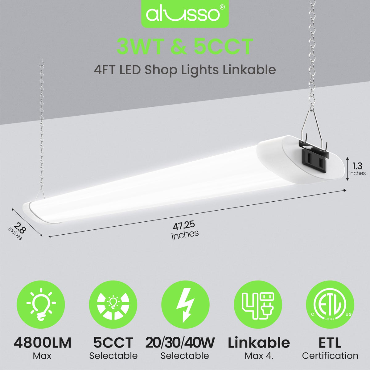 ALUSSO 4ft lights 4800lm illuminate busy workshop tasks.
