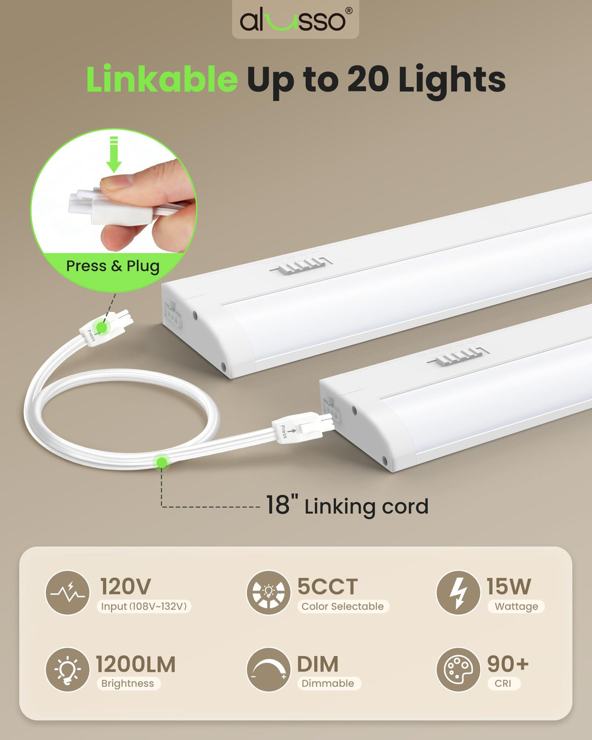 Linked ALUSSO lights along a cabinet for a seamless run
